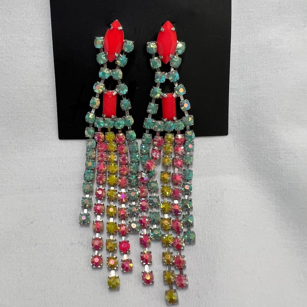 Stone Embellish Fringe Earrings, Coral Green Yellow Pink